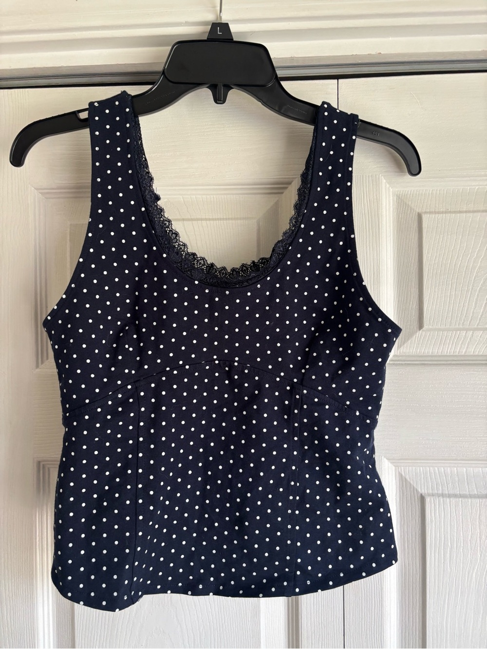 Kittenish Navy and White Polka Dot Lace-Trim Tank